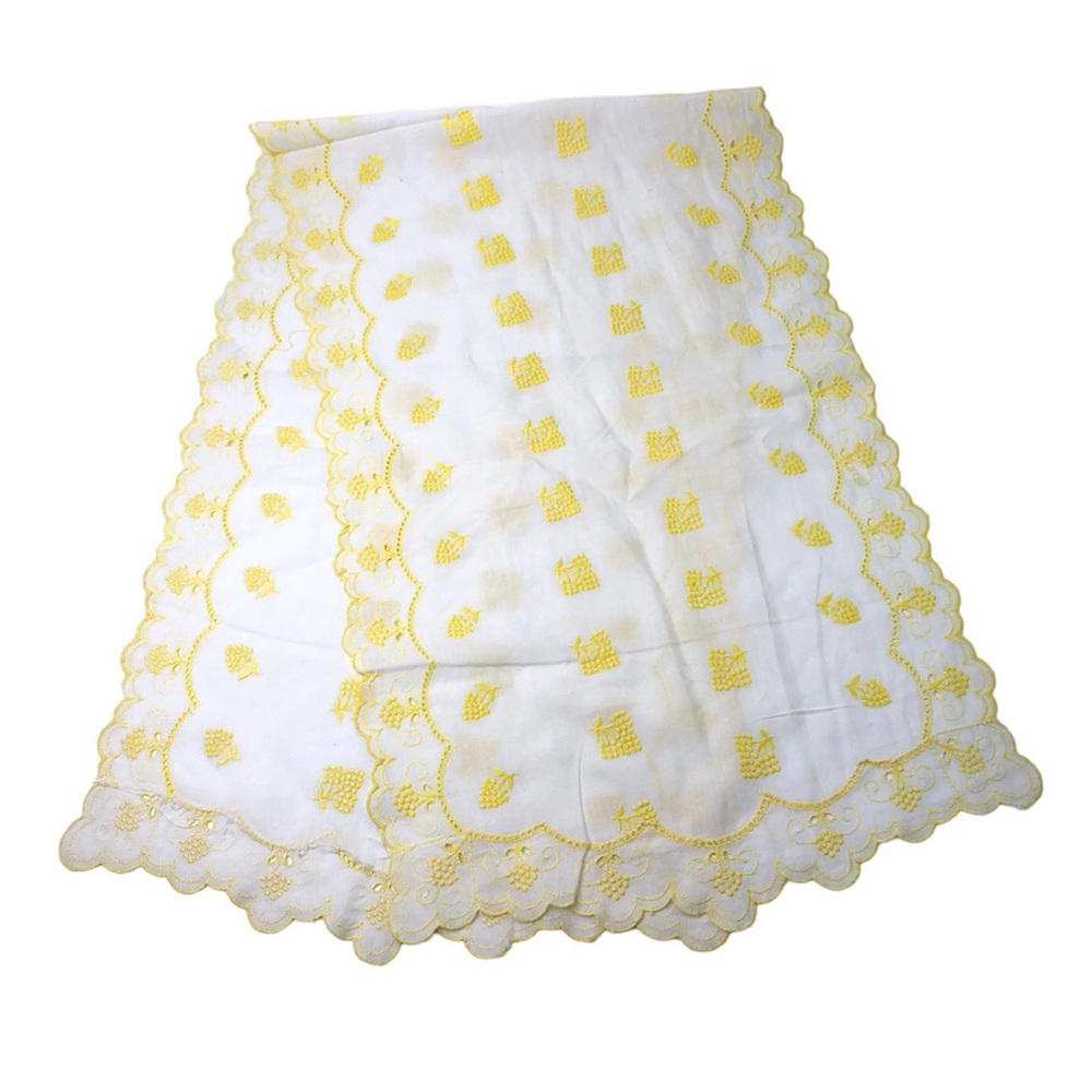 Vintage 1960s White Table Runner Yellow Embroidered Grapes Fruits Scalloped Edge